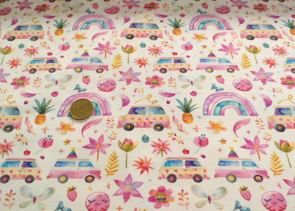 Miami Beach Baumwoll-Jersey mit Regenbogen und Blumen, ein Mädchenstoff von Hilco